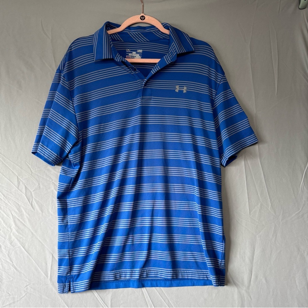 Under Armour Mens Blue Grey Striped Polo Shirt Size L Golf Sporty Logo Office
